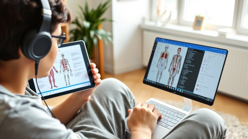 Student taking online medical terminology course with headphones, interactive digital lesson displayed on tablet showing anatomical diagrams and medical terms, home study environment, natural lighting