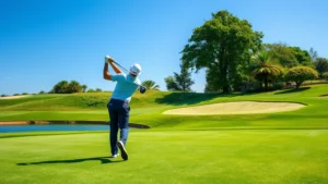 Professional golfer mid-swing on a lush fairway with manicured grass and water hazard visible, blue sky background, natural daylight