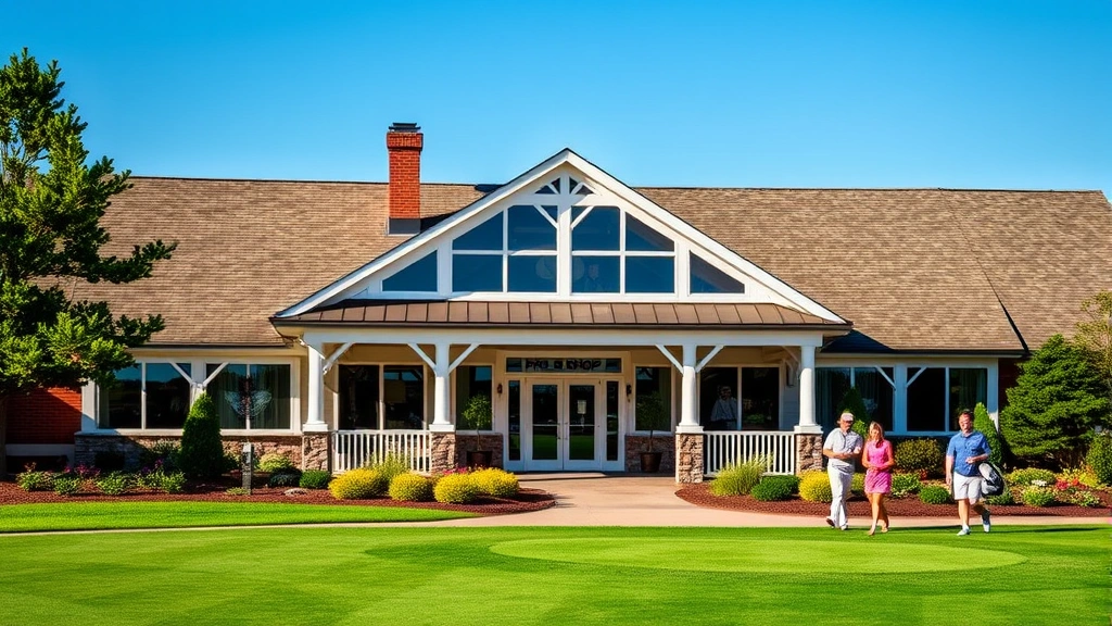 Golf course clubhouse exterior with pro shop windows, welcoming entrance, manicured landscaping, golfers walking with clubs in background