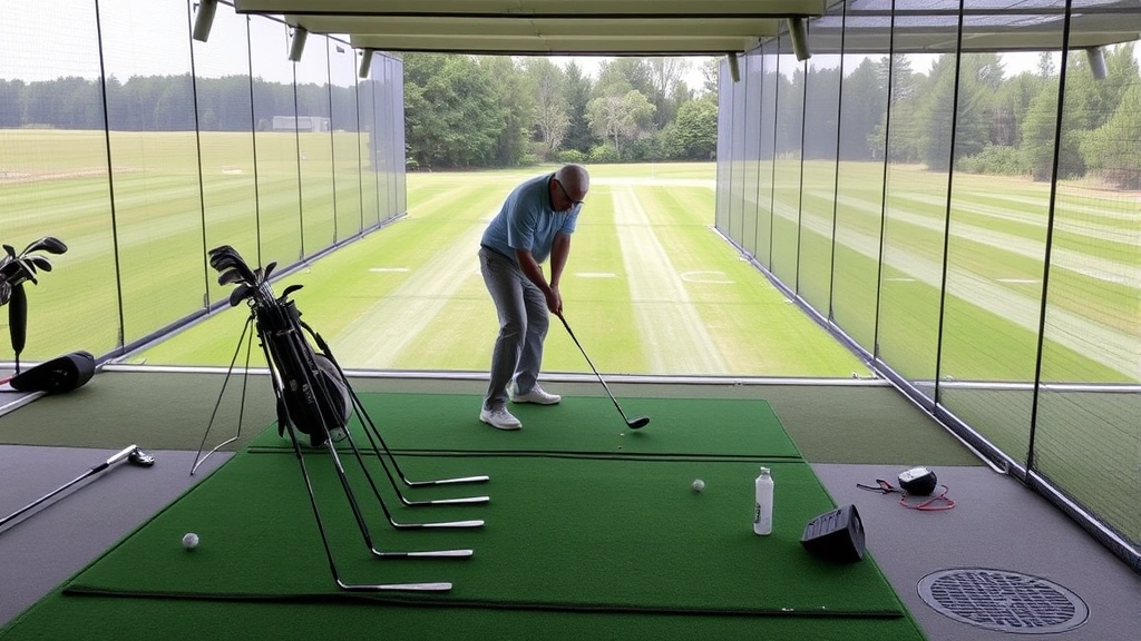 Golfer practicing at a driving range with multiple clubs laid out, hitting balls with focused concentration and proper stance mechanics