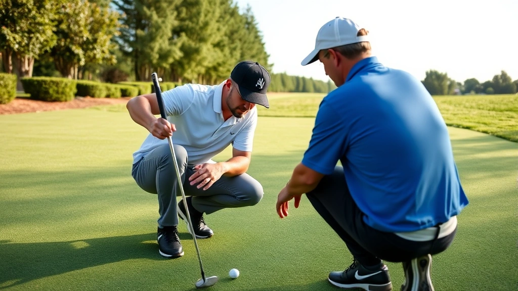 Instructor providing feedback to student golfer on practice green, both examining putting technique with natural daylight and manicured grass surroundings