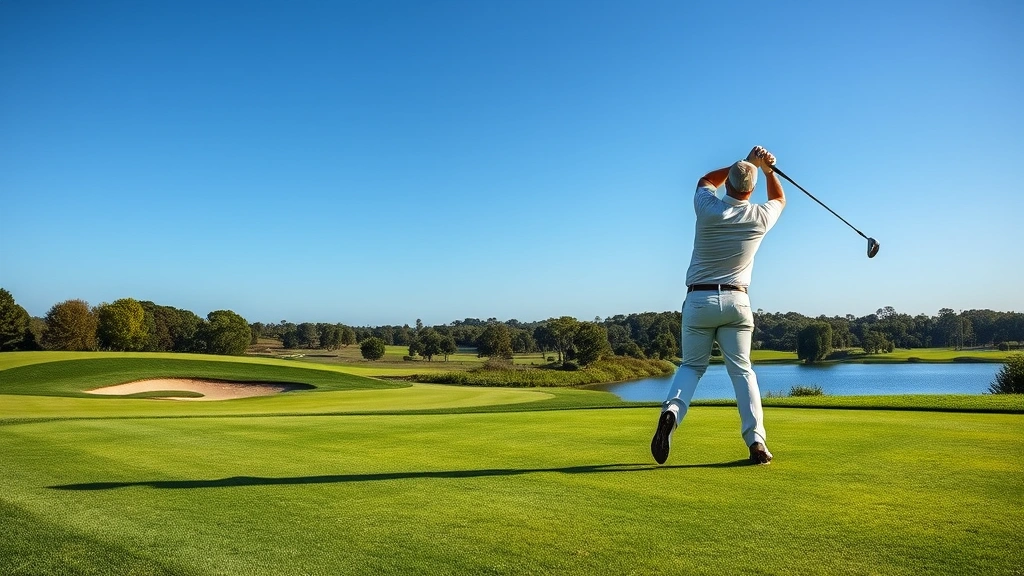 Professional golfer mid-swing on manicured fairway with water hazard visible, clear blue sky, natural lighting, photorealistic detail of form and technique