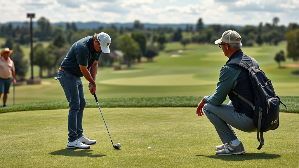 Golfer practicing chip shots on short game area with instructor providing feedback, beautiful course backdrop, genuine learning moment captured, photorealistic