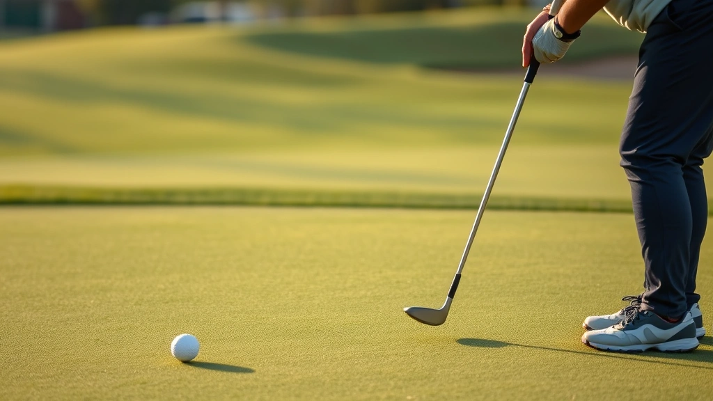 Golfer reading putting green with focused expression, analyzing slope and break, on manicured green with fairway visible in soft natural light