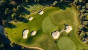 Aerial drone view of a beautifully designed golf course with rolling fairways, strategic bunkers, water hazards, and lush green vegetation, showcasing professional landscape architecture and course layout planning