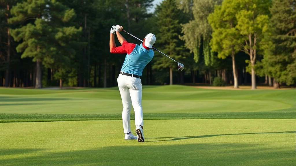 Professional golfer executing a perfectly balanced golf swing on a well-maintained fairway with trees in background, demonstrating proper form and posture during the downswing motion