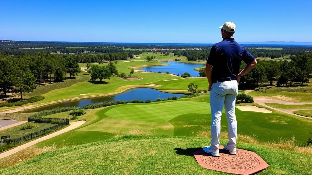 Golfer standing on elevated tee box surveying scenic golf course layout with water hazards, bunkers, and fairways visible in distance under clear blue sky