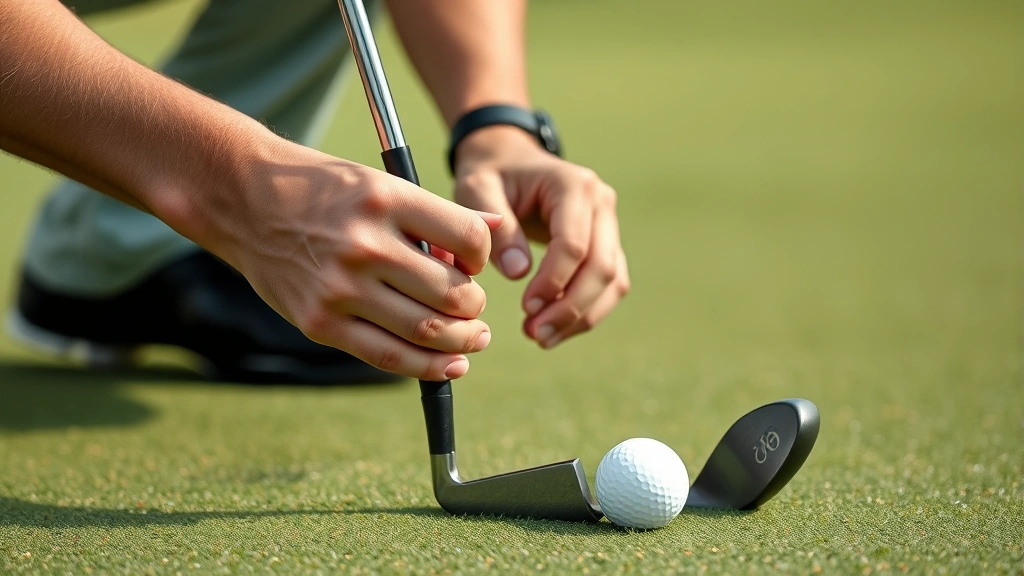Close-up of golfer's hands and putter on putting green, showing proper grip and alignment while focusing on reading the green break with concentrated expression