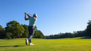 Golfer in mid-swing on fairway with lush green grass, blue sky, trees in background during daytime, professional posture