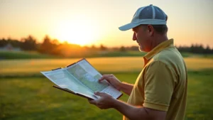 Golfer studying course map and yardage book before teeing off at sunrise on a municipal golf course fairway, focused expression, holding clipboard
