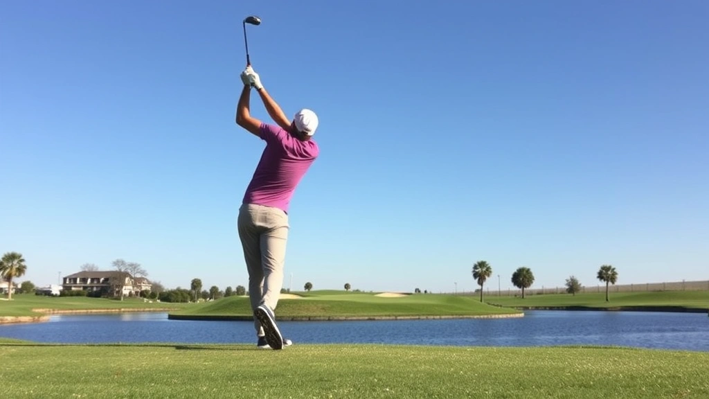 Golfer executing precise approach shot over water hazard toward elevated green on scenic municipal course, clear blue sky, concentration visible