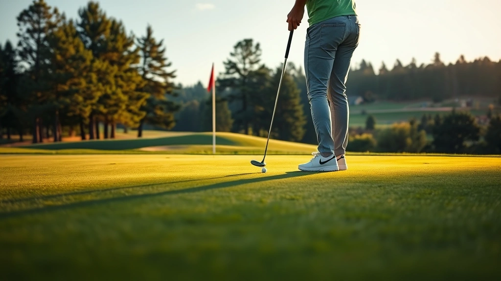 Golfer putting on green with flagstick visible, peaceful course setting with trees and natural landscape in soft lighting