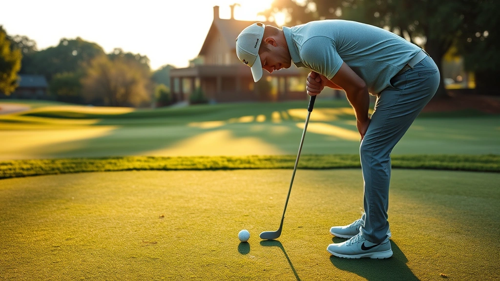 Golfer reading putting green contours on practice green, bent over examining break patterns, morning light, professional concentration posture