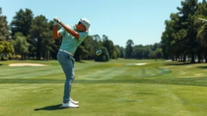 Professional golfer executing precise approach shot from fairway with controlled iron swing, demonstrating proper body position and follow-through during mid-range shot on manicured golf course