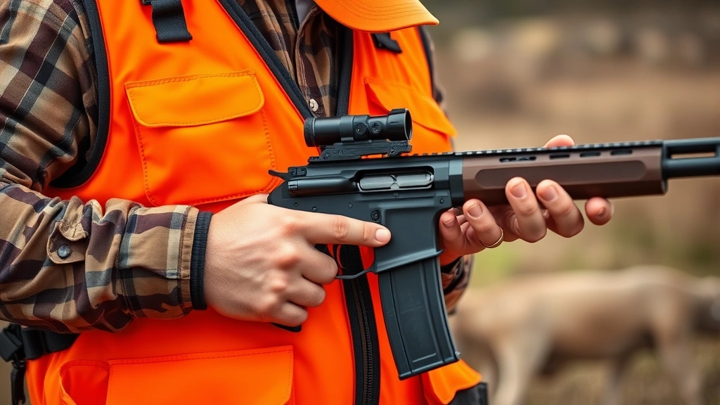 Close-up of hunter orange safety equipment including vest and hat displayed properly, firearm safety demonstration with proper grip and stance, hands-on instruction setting, professional outdoor training environment