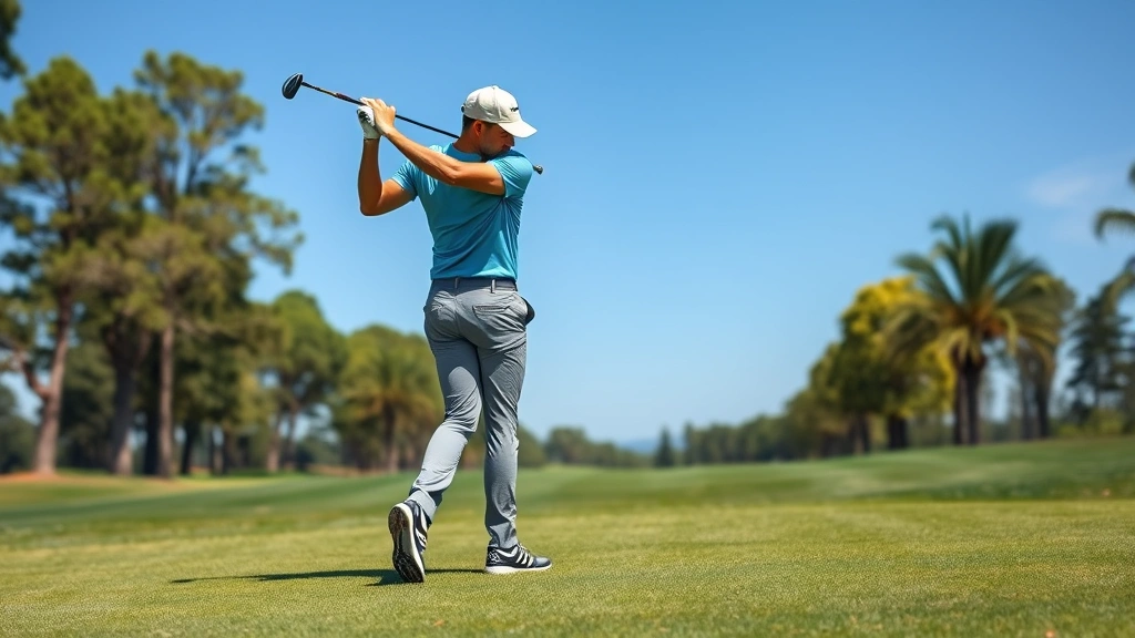 Professional golfer executing a perfect golf swing on a well-maintained fairway with trees and blue sky in background, demonstrating proper form and technique