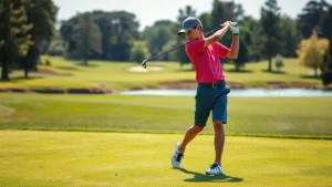 A young golfer mid-swing on a well-manicured fairway with trees and water hazard visible in background, demonstrating athletic form and concentration during daylight practice session