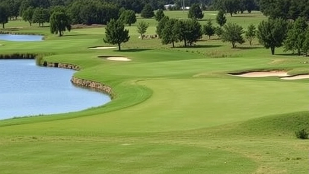 Scenic view of a challenging par-4 hole at a golf course with water hazard, bunkers, and strategic fairway positioning under natural daylight