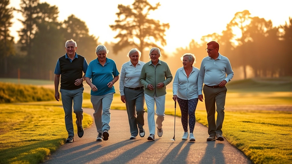 A diverse group of golfers of different ages and abilities walking together on a golf course path during golden hour, showing inclusive community participation and intergenerational learning