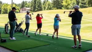 Students practicing golf swings on a lush driving range with professional instructors observing and providing feedback in natural daylight