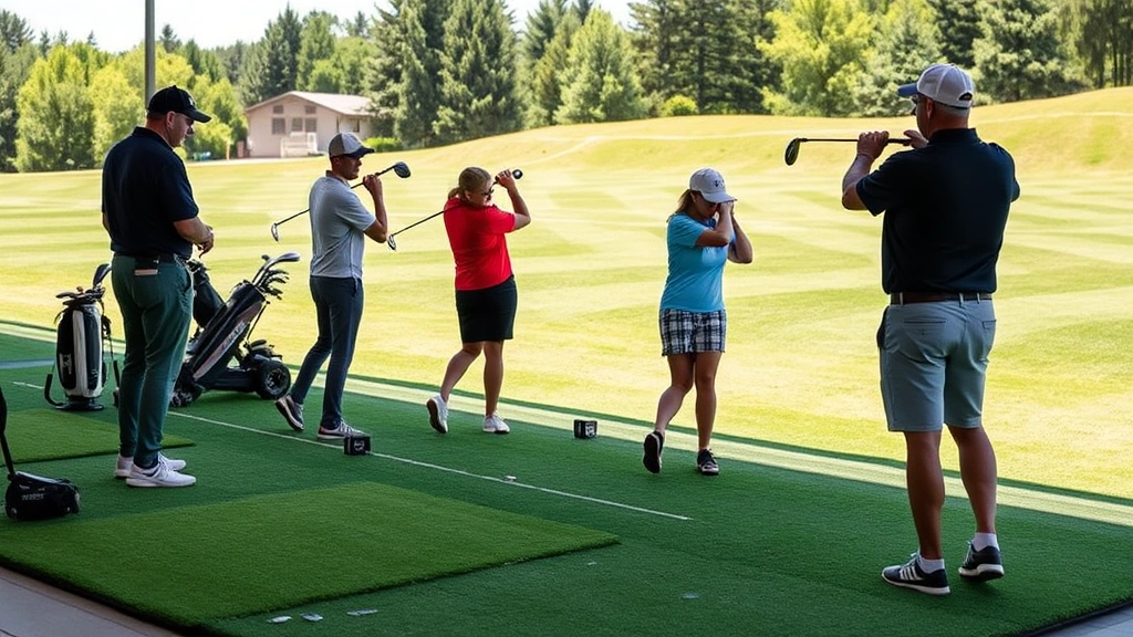 Students practicing golf swings on a lush driving range with professional instructors observing and providing feedback in natural daylight
