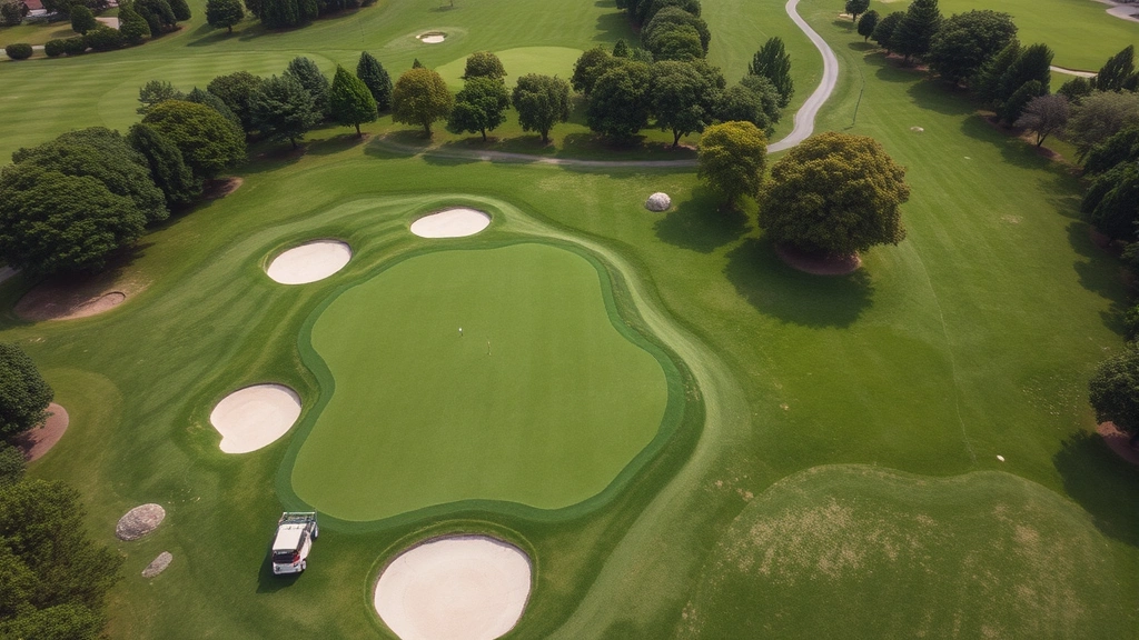 Aerial view of manicured fairways and greens with groundskeeping equipment and maintenance staff working on turf health and course conditioning