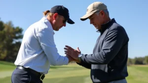Professional golf instructor demonstrating proper grip and stance to adult student on practice range, showing hand positioning and body alignment clearly