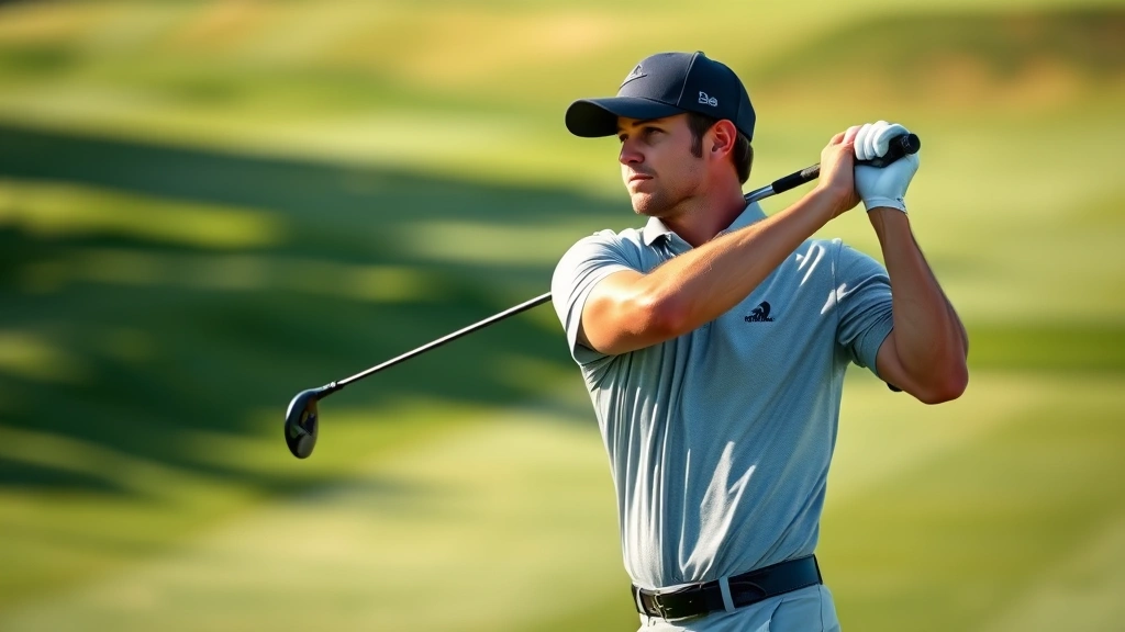 Professional golfer mid-swing on pristine golf course, muscular engagement visible, concentrated expression, morning sunlight, manicured fairway and green in background