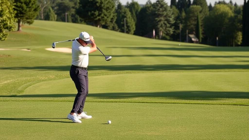 Golfer mid-swing on well-maintained fairway with natural lighting, demonstrating proper form and body rotation during the downswing phase