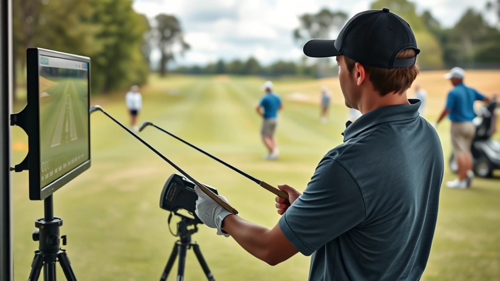Golf coach analyzing swing mechanics with young student using launch monitor technology, both focused on data screen, practice range with multiple golfers in soft focus background