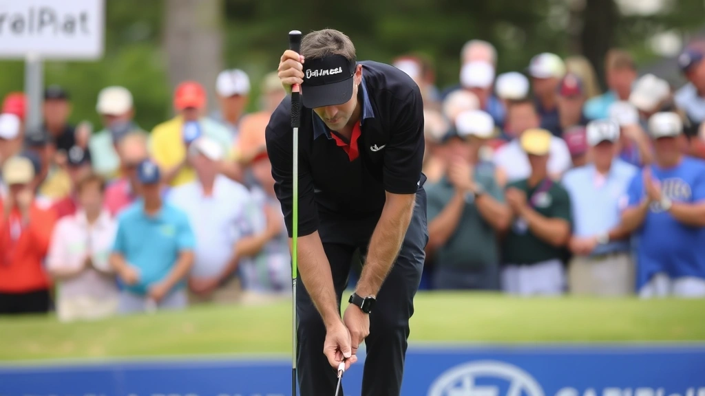 Elite golfer putting on green under pressure, intense concentration on face, crowd blurred in background, championship tournament setting with professional signage visible