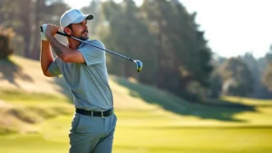 Professional golfer mid-swing on a par 3 hole, focused expression, precise form, morning sunlight on fairway, manicured green visible in background