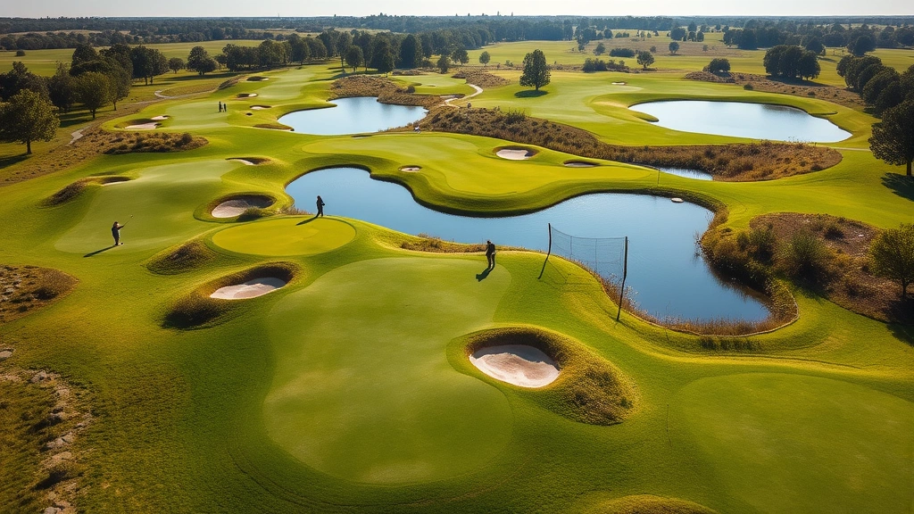 Aerial view of a scenic par 3 golf course with multiple holes visible, featuring water hazards, bunkers, and manicured fairways under bright sunlight, golfers in the distance practicing their swings