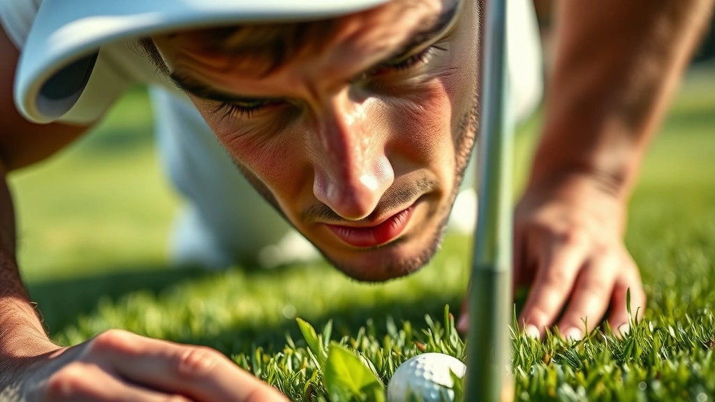 Close-up of golfer analyzing green with bent posture, studying break lines, concentrated expression, natural outdoor lighting, green grass and pin visible
