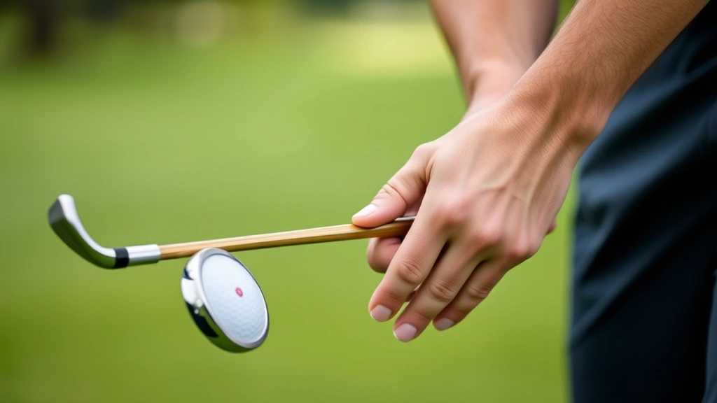 Close-up of a golfer's hands demonstrating proper grip and stance during a short iron approach shot on a par 3 hole, with blurred green in background and focus on technique