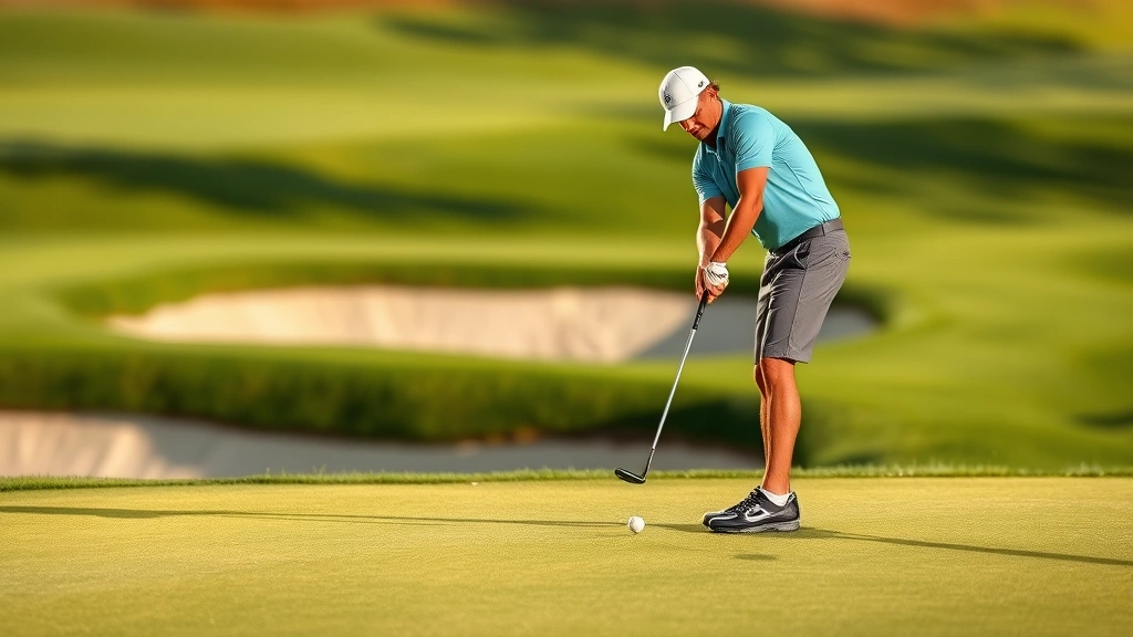 Golfer completing short chip shot near green, refined technique, small sand bunker in background, afternoon shadows on well-maintained course, confident posture