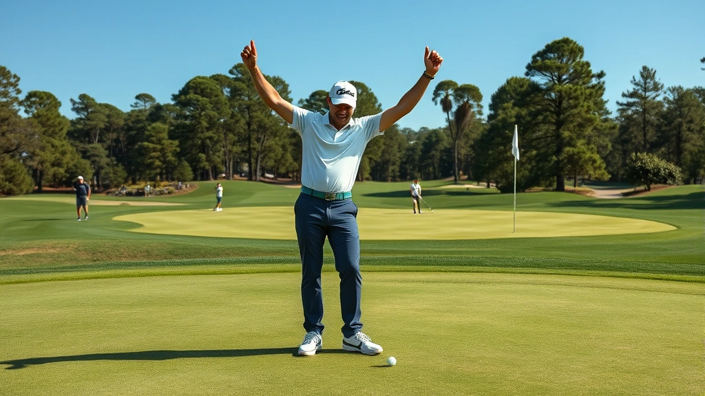 Wide shot of a golfer celebrating after making a putt on a par 3 green, with course landscape and other golfers visible, capturing the satisfaction and community atmosphere of par 3 golf
