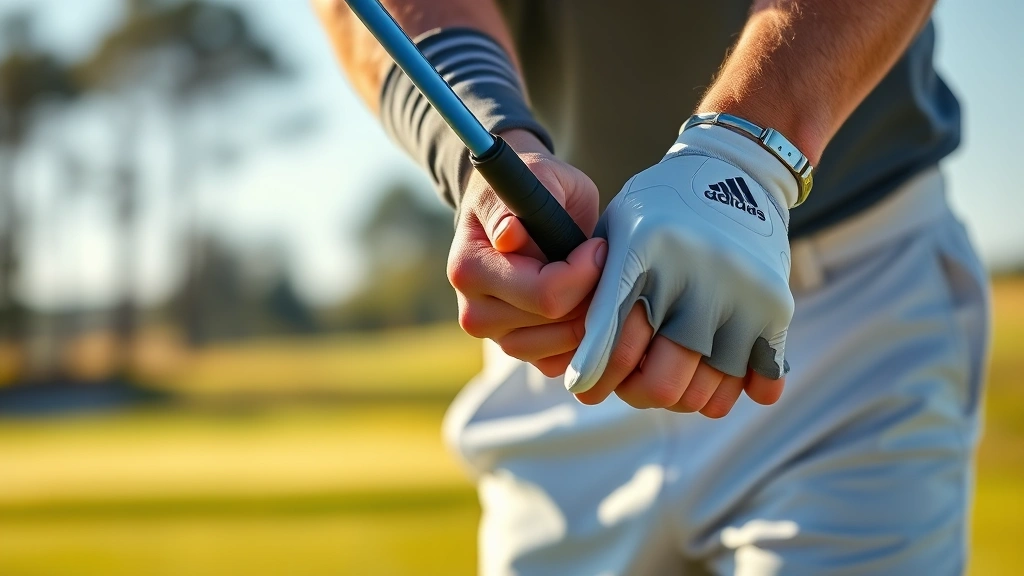 Close-up of golfer's hands gripping 6-iron with focused expression, standing on par 3 tee box with fairway visible in background, morning sunlight, professional golfer demonstration