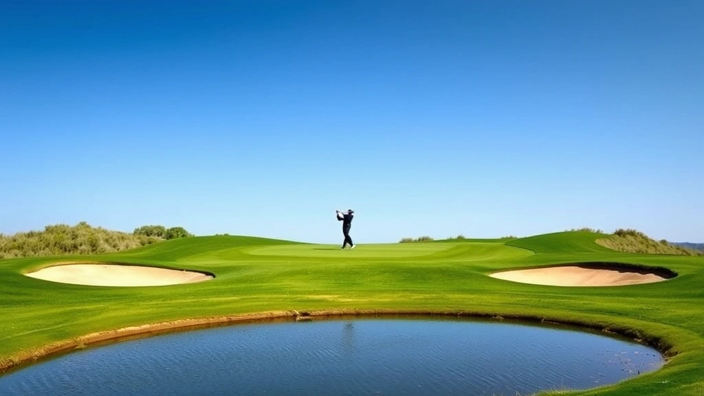 Wide shot of scenic par 3 hole with elevated green, sand bunkers flanking sides, water hazard in foreground, manicured fairway, golfer in mid-swing position, clear sky