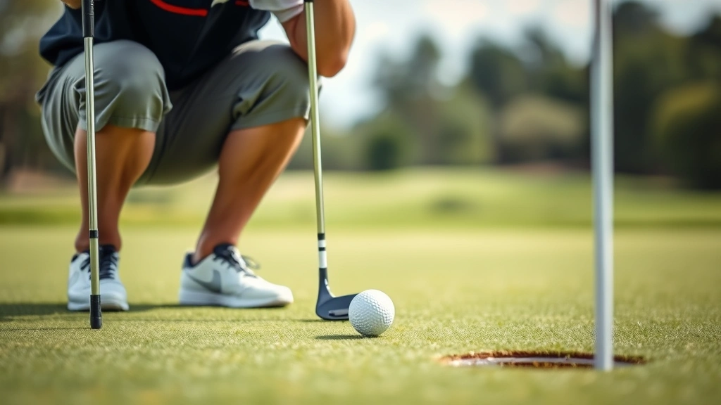 Golfer crouched behind ball on green reading putt, examining slope and break, concentrated expression, putting green with flag in hole, natural lighting, professional stance