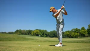 A young golfer in casual attire practicing a wedge shot on a lush par 3 fairway with green grass and blue sky, focused concentration visible