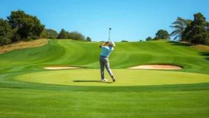 Golfer mid-swing hitting approach shot on well-maintained par 3 green with sand bunkers, lush grass fairway, clear blue sky, professional golf setting