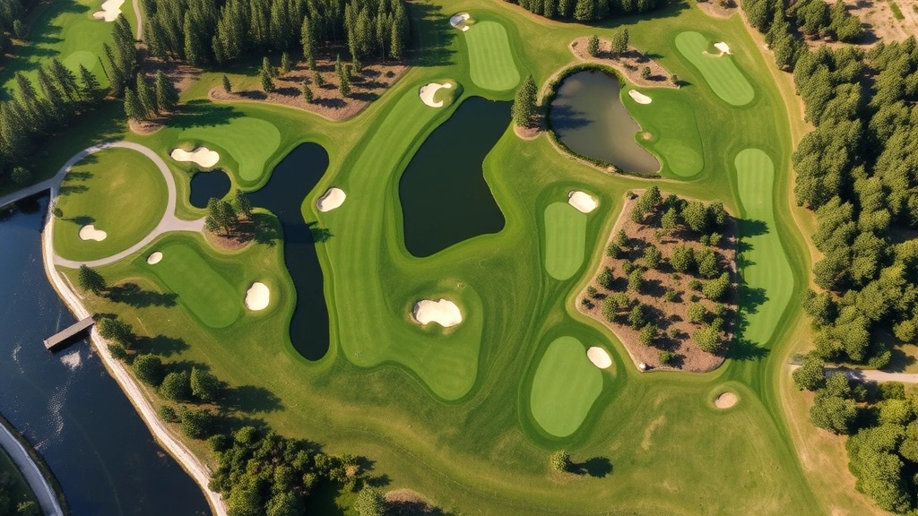 Aerial view of a scenic nine-hole par 3 golf course layout showing multiple holes with bunkers, water features, and manicured greens surrounded by trees