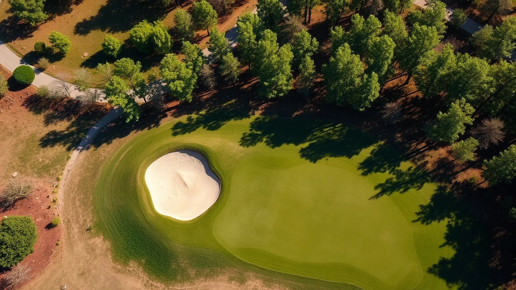 Aerial view of scenic par 3 hole with elevated tee box, strategic bunker placement, pristine putting green, surrounding natural landscape and trees