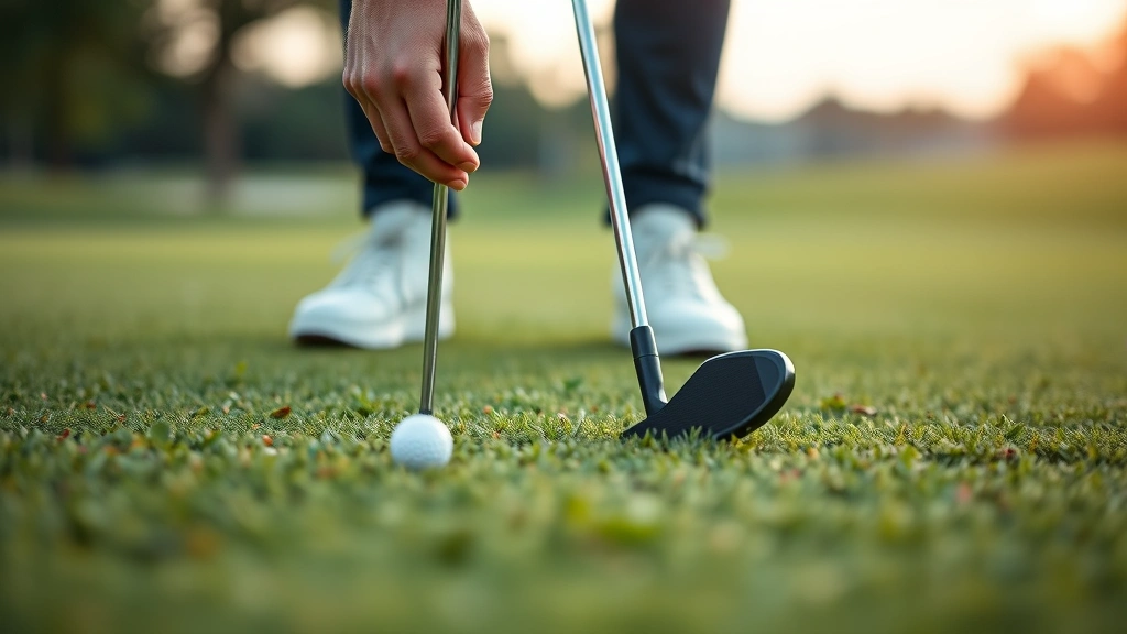 Close-up of a golfer's hands and putter on a sloped green during practice, with soft morning light and blurred background showing fairway