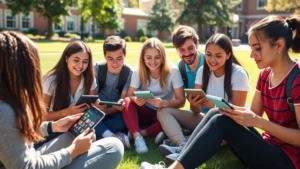 A diverse group of high school and college students studying together outdoors on a sunny campus lawn, each holding tablets and smartphones showing educational app interfaces, collaborative learning environment, natural daylight, genuine expressions of engagement