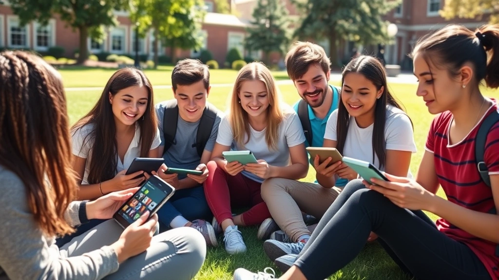 A diverse group of high school and college students studying together outdoors on a sunny campus lawn, each holding tablets and smartphones showing educational app interfaces, collaborative learning environment, natural daylight, genuine expressions of engagement
