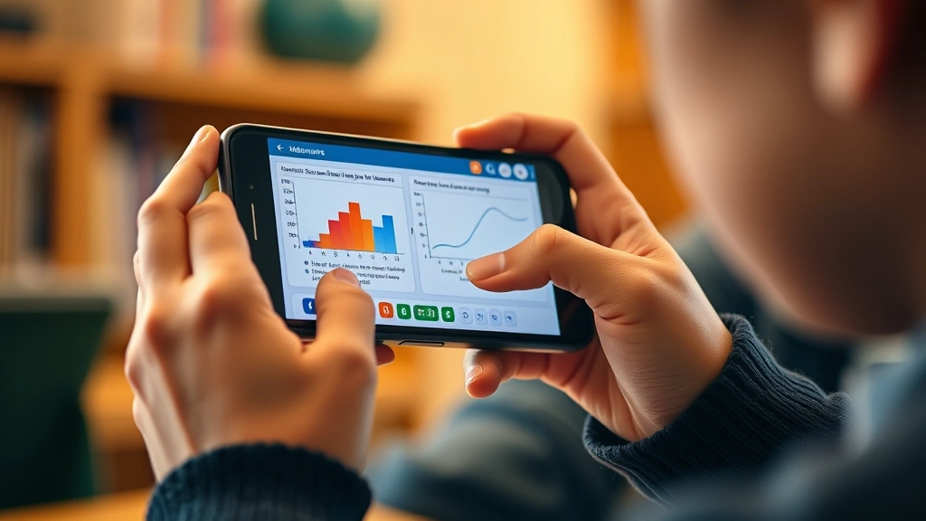 Close-up of a student's hands holding a smartphone displaying a mathematics learning app with colorful graphs and interactive problem-solving interface, focused concentration, warm indoor lighting, educational technology in use