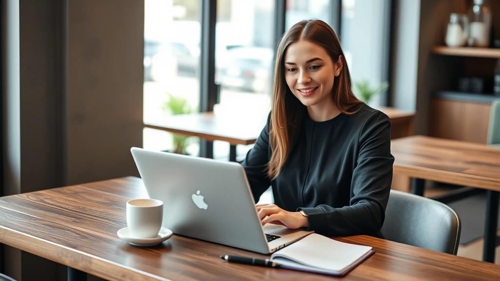 A young professional woman sitting at a modern coffee shop table with a laptop open showing online course content, notebook with study notes, coffee cup nearby, natural window lighting, adult learning and professional development