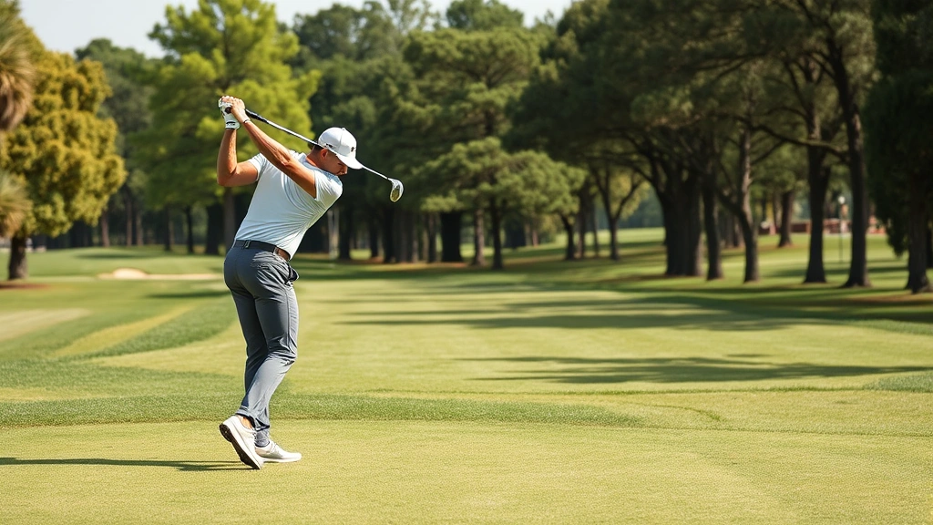 Professional golfer executing perfect swing on manicured fairway with trees lining course, focused expression, mid-swing motion captured clearly